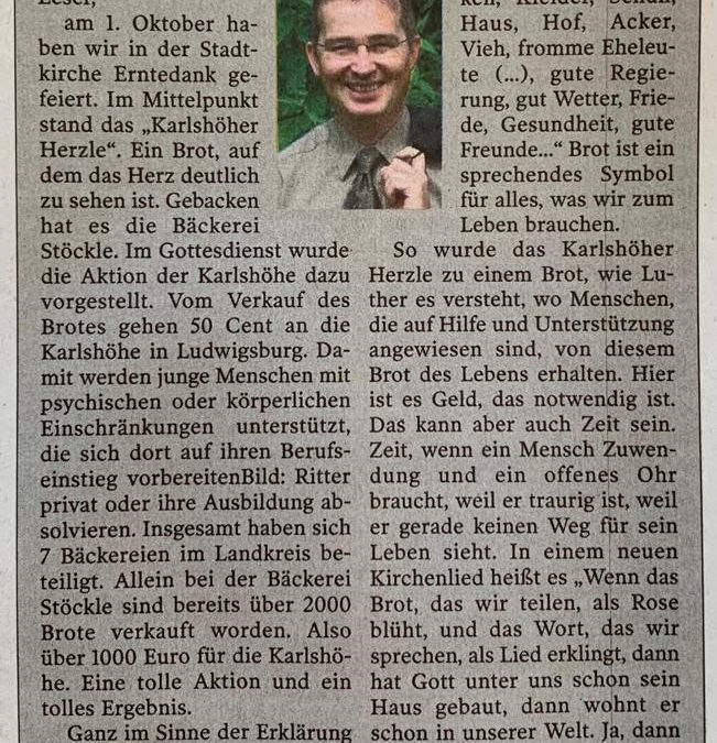 Aktion Karlshöher Herzle in Bietigheimer Zeitung (Gedanken zum Sonntag)