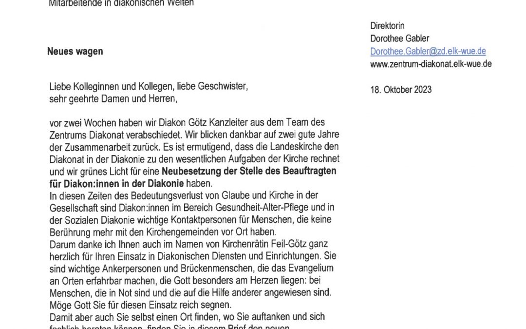 Infobrief an die Diakon*innen in Diakonischen Diensten und Einrichtungen (DED)