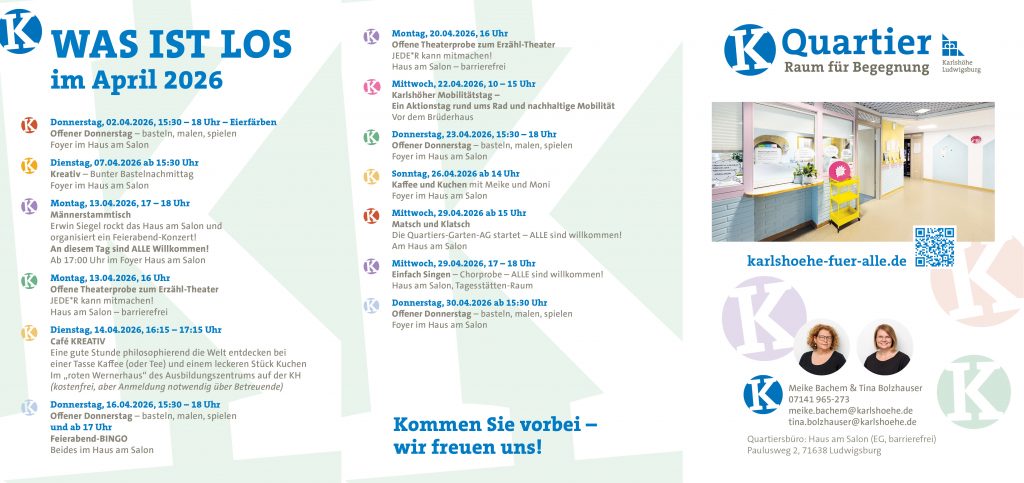 KH_2026_UE_03_K-Quartier_Termine_4_2026_Newsletter_A5_V01 Das Bild zeigt den aktuellen Newsletter von K-Quartier mit aktuellen Daten.